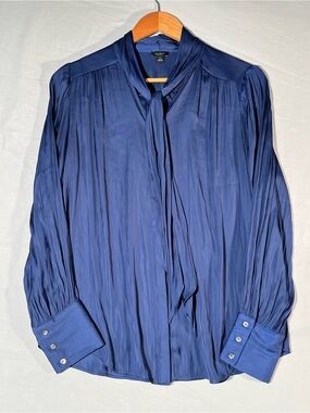 Ann Taylor Factory Blue Pleated Tie-Neck Dress Shirt -Size Medium